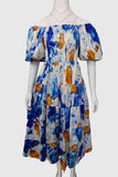 Puff-Sleeve Smocked Midi Dress