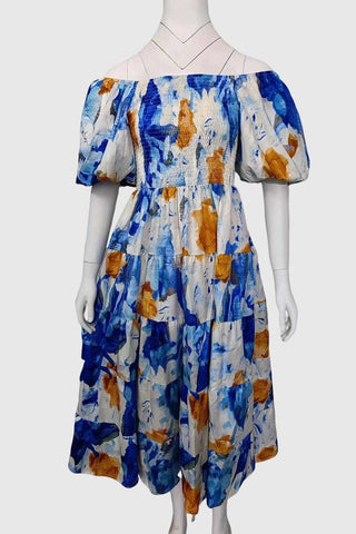 Puff-Sleeve Smocked Midi Dress