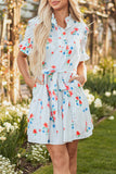 Stripe Floral Pattern Belted Mini Dress