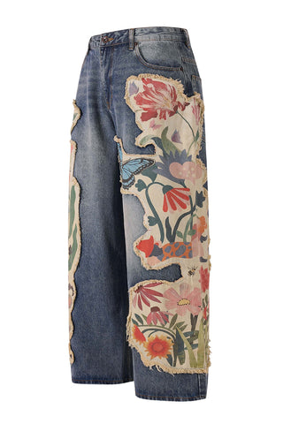 Floral Appliqué Straight Jeans