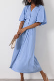 Puff-Sleeve Buttoned Casual Dress
