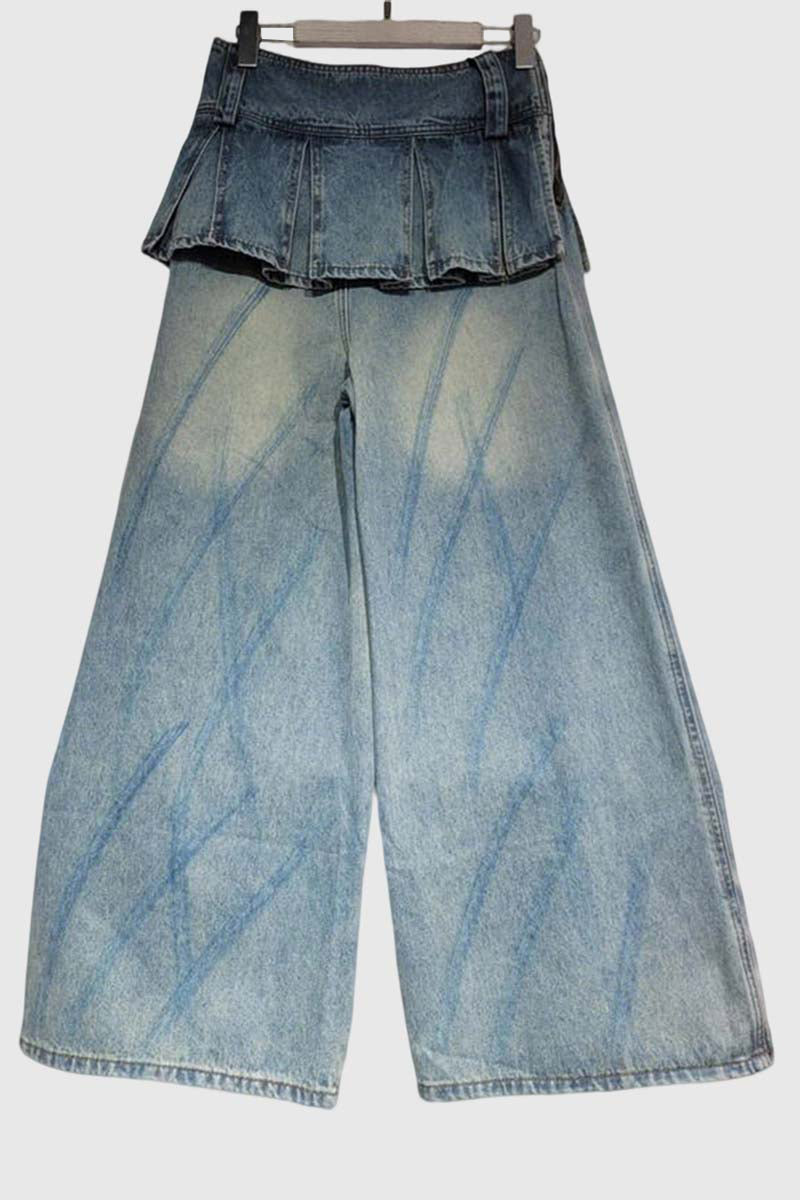 Pleated Waist Wide Leg Denim Pants