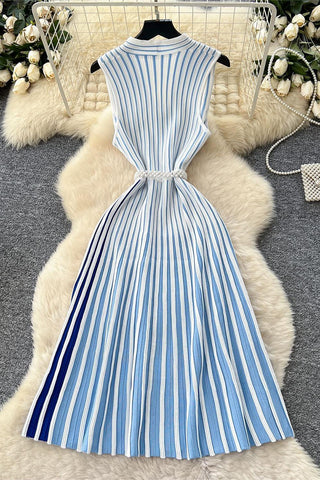 Striped V-Neck Belted Dress