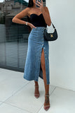 Button-Front Denim Midi Skirt