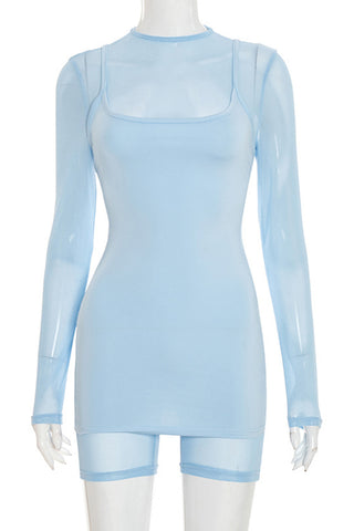 Long-Sleeve Mesh Romper with Layered Dress Set