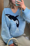 Dolphin Pattern V-Neck Sweater