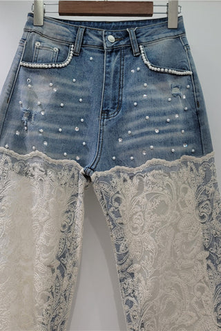 Lace Overlay Straight Jeans