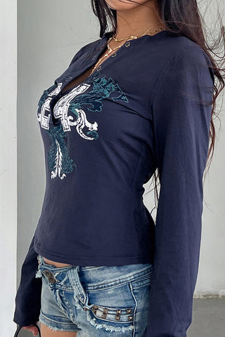 Button-Front Graphic Long-Sleeve Shirt