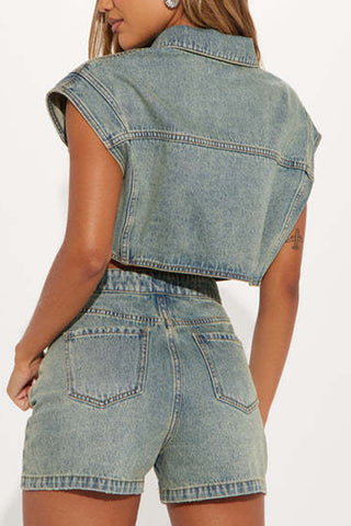 Denim Crop Top and Shorts Set