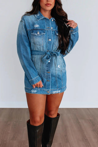 Belted Button-Front Denim Jacket