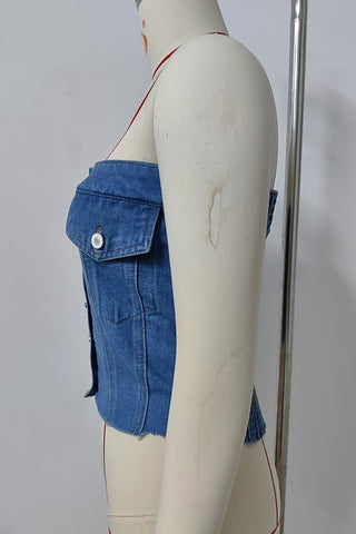 Button-Front Strapless Denim Top