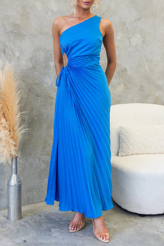 One-Shoulder Cutout Pleated Midi Dress