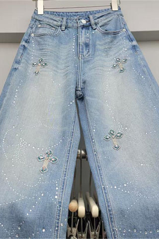 Embellished Wide-Leg Straight Jeans
