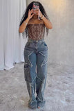 Distressed Straight-Leg Jeans with Stitch Details