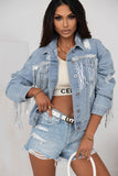 Fringe Detail Distressed Denim Jacket