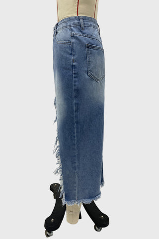 Distressed High-Low Denim Skirt