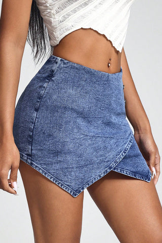 Button-Detail Denim Mini Skirt