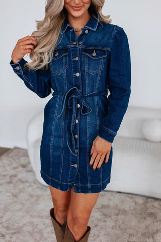 Button-Up Denim Dress with Belt