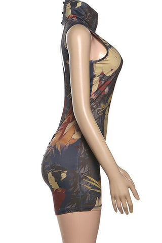 High Neck Printed Sleeveless Romper