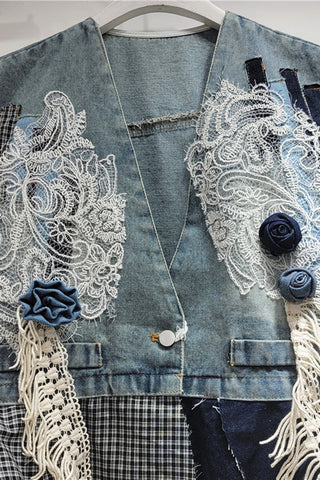 Lace Embellished Asymmetric Denim Vest