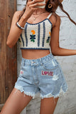 Patterned Denim Shorts with Distressed Hem
