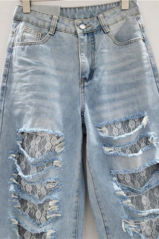Distressed Straight-Leg Jeans with Lace Insert