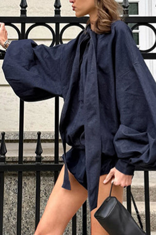 Tie-Neck Balloon Sleeve Short Set