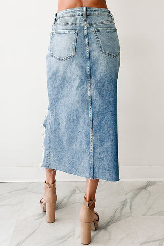 Frayed Hem Denim Midi Skirt