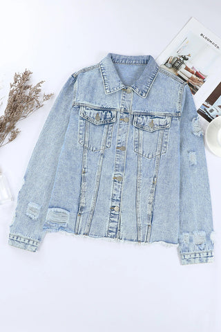 Distressed Raw Hem Denim Jacket