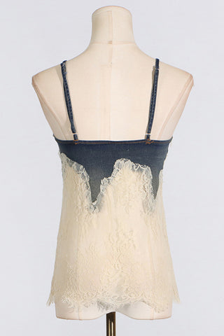 Sheer Lace Overlay Denim Set