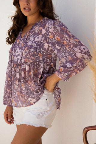 Boho Flower Print Babydoll Blouse