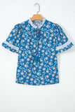 Button Tie Neck Short Sleeve Blouse