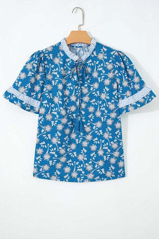 Button Tie Neck Short Sleeve Blouse