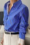 Striped Button-Up Blouse with Lace Trim