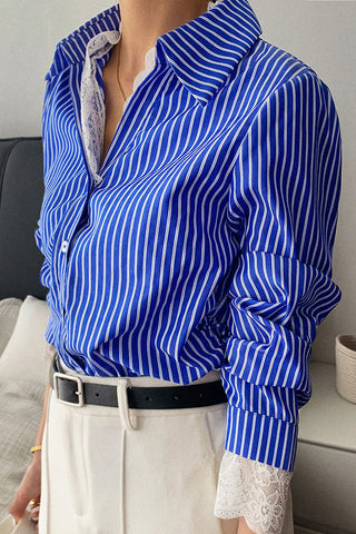 Striped Button-Up Blouse with Lace Trim