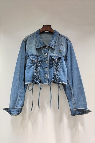 Distressed Lace-Up Denim Jacket