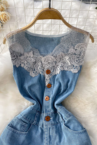 Lace-Trim Button-Front Denim Dress