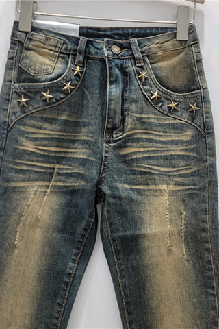 Star-Studded Flare Jeans with Distressed Details