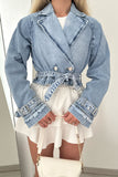 Belted Denim Blazer with Frayed Cuffs