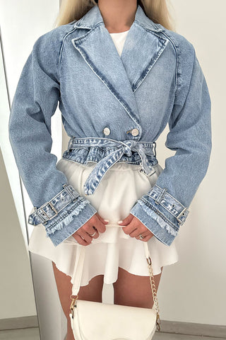 Belted Denim Blazer with Frayed Cuffs