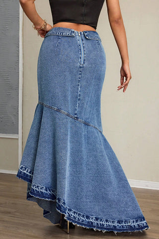 Asymmetric Hem Denim Maxi Skirt