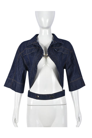 Open-Front Denim Jacket with Ring Detail
