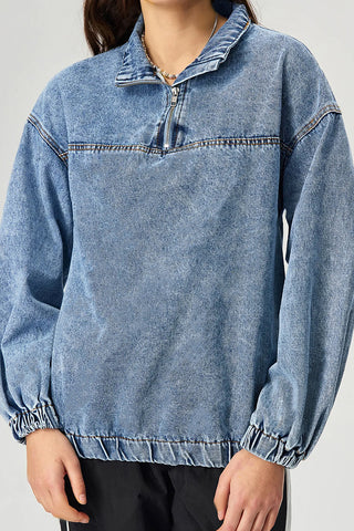 Zip-Front Denim Pullover Blouse