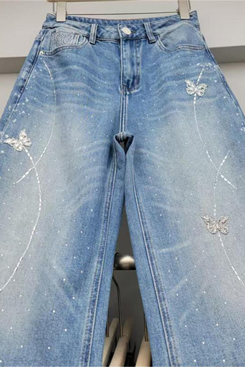 Wide-Leg Straight Jeans with Embellishments