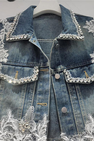 Embellished Lace Denim Vest