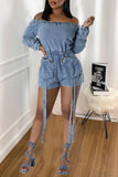 Off-Shoulder Denim Romper with Zipper Pockets