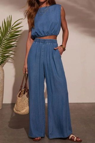 Sleeveless Elastic Waist Pants Set