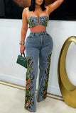 Tropical Print Denim Pants Set