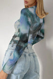 Abstract Print Long Sleeve Mesh Top