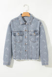 Bow Print Denim Jacket with Raw Hem